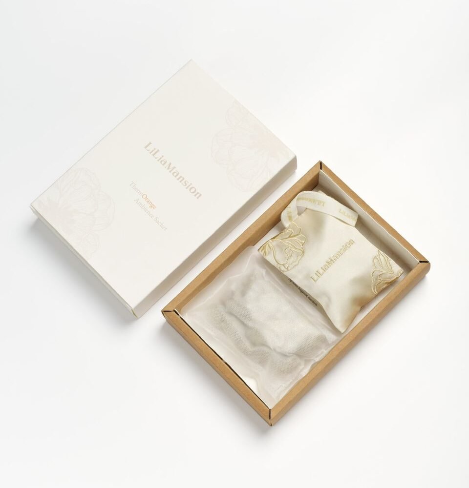 LiliaMansion Closet Sachet - Open LiliaMansion handwoven silk closet sachet in its gift box